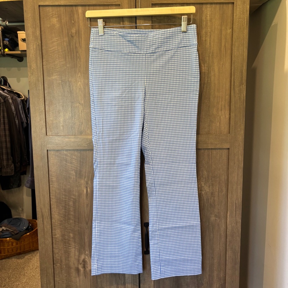 J.McLaughlin Blue White Gingham Pull On Straight Leg Pants Size 2 Stretch Preppy